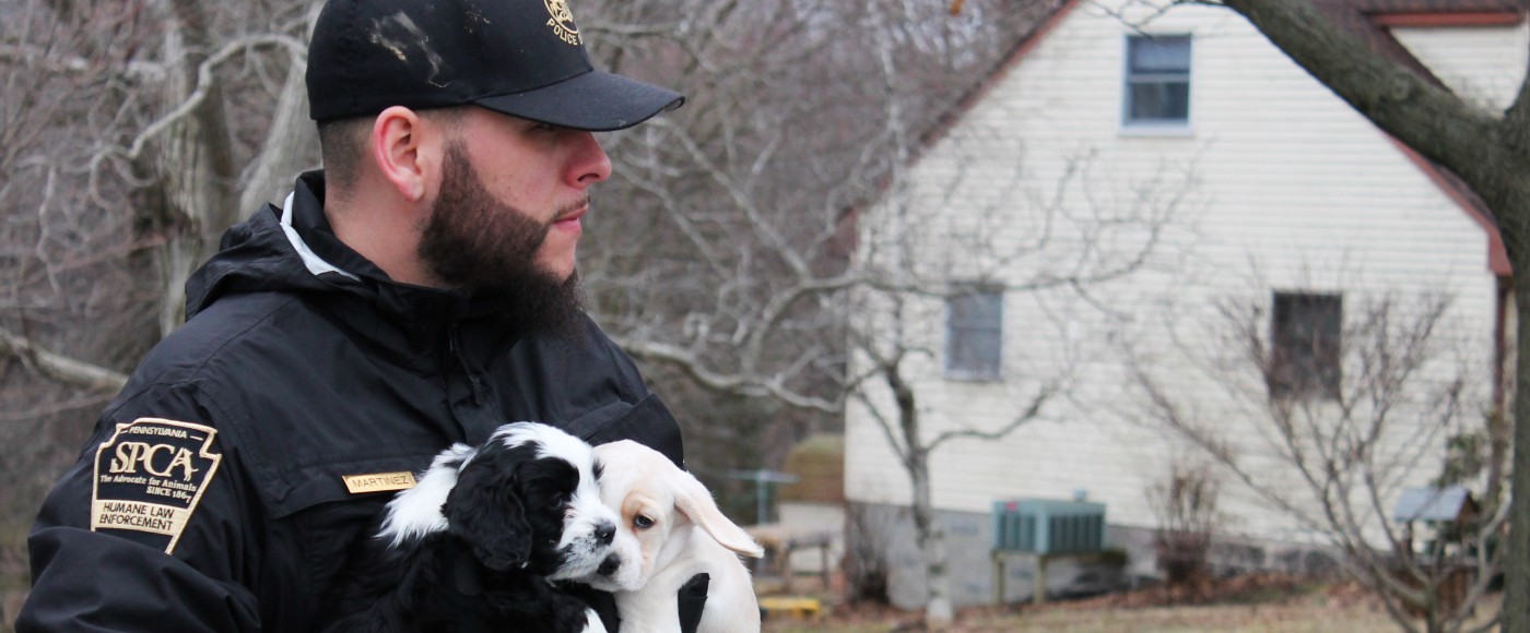 Officer Martinez carries out two puppies from neglect